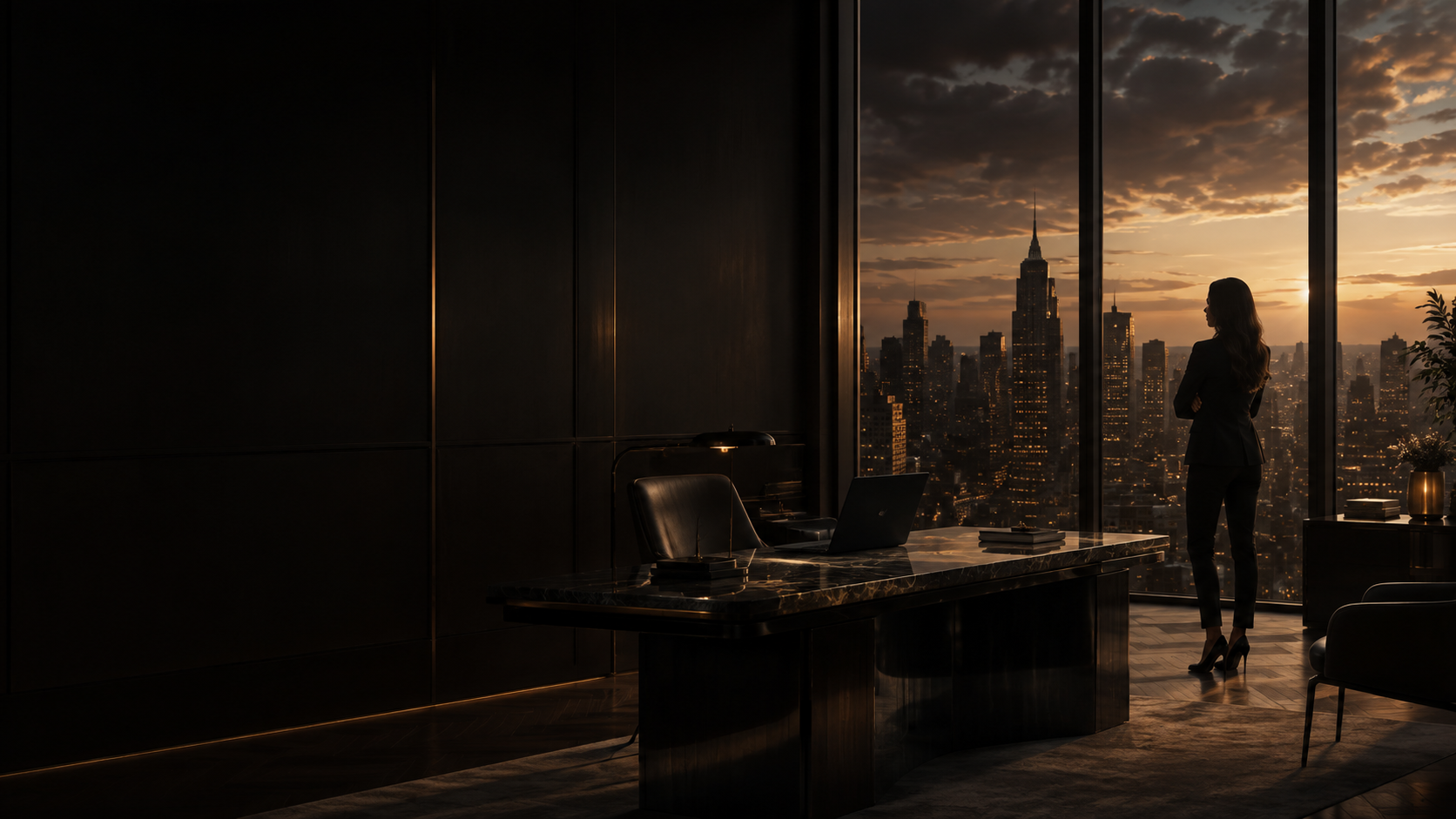 Luxury executive office overlooking New York City at sunset