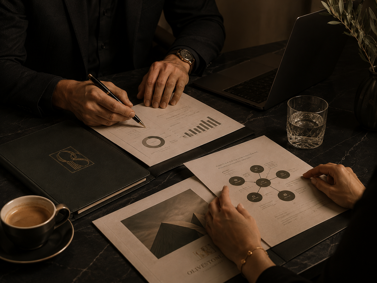 Strategy review — reports and planning materials on a desk