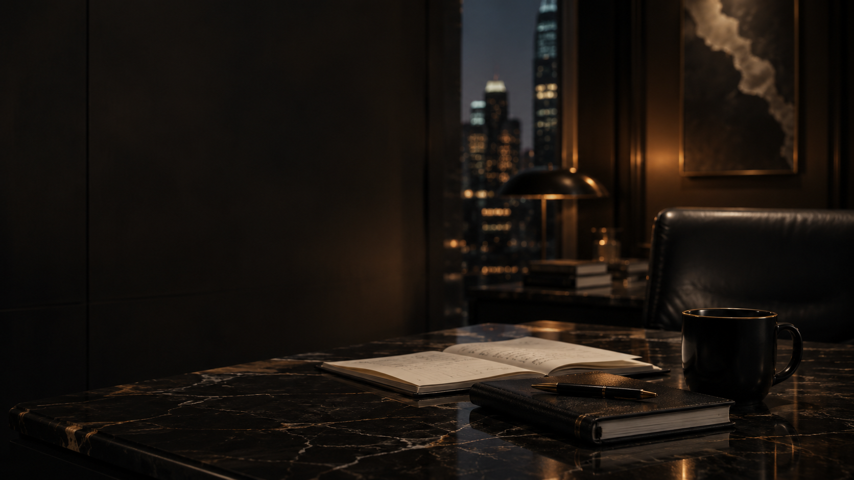 Black marble strategy desk overlooking the city